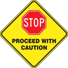 Adhesive Backed Floor Signs; Message Type: Traffic Control; Message/Graphic: Message & Graphic; Message or Graphic: Message & Graphic; Legend: STOP PROCEED WITH CAUTION; Material: Vinyl; Legend Color: White, Black; Color: Red, White, Yellow, Black; Shape: