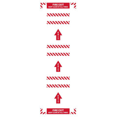 Adhesive Backed Floor Signs; Message Type: Traffic Control; Message/Graphic: Message Only; Message or Graphic: Message Only; Legend: FIRE EXIT KEEP CLEAR AT ALL TIMES; Material: Vinyl; Legend Color: White; Color: Red, White; Shape: Rectangle