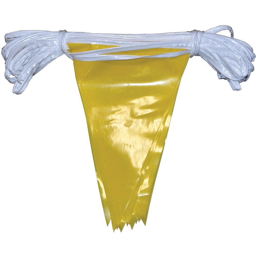 Pennants; Color: Safety Yellow; Overall Length (Feet): 100.00; Pennant Length (Inch): 12; Pennant Width (Inch): 12; Number of Pennants: 17; Material: Plastic; Tensile Strength (Lb./Inch): 500.00
