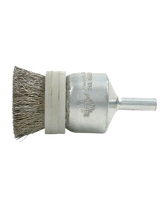 1/2″ Diameter × 1/4″ Shank Diameter × 7/8″ Trim Length, 0.020″ Crimped Bristle, Carbon Steel, Solid End - Banded Brush
