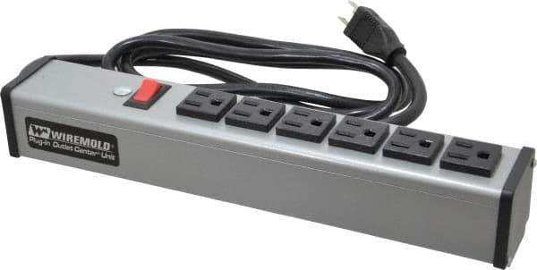 Wiremold - 6 Outlets, 120 Volts, 15 Amps, 6' Cord, Power Outlet Strip - Free Hanging Mount, 5-15 NEMA Configuration, 12-1/4" Strip, cULus Listed - Exact Industrial Supply