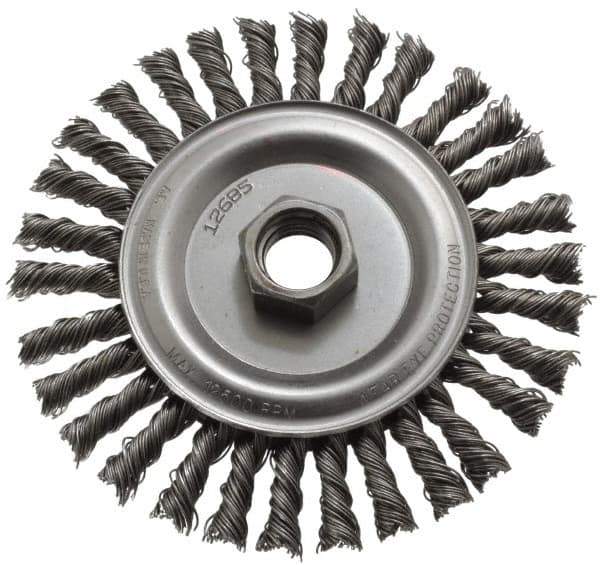 Anderson - 4-1/2" OD, 5/8-11 Arbor Hole, Knotted Steel Wheel Brush - 1/4" Face Width, 13/16" Trim Length, 0.02" Filament Diam, 12,500 RPM - Exact Industrial Supply