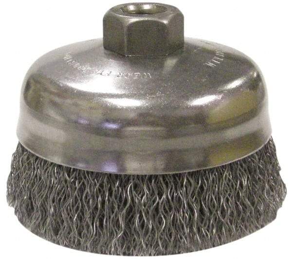 Anderson - 5" Diam, 5/8-11 Threaded Arbor, Steel Fill Cup Brush - 0.014 Wire Diam, 1-1/4" Trim Length, 9,000 Max RPM - Exact Industrial Supply