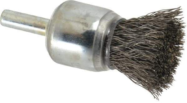 Weiler - 3/4" Brush Diam, Crimped, End Brush - 1/4" Diam Steel Shank, 22,000 Max RPM - Exact Industrial Supply