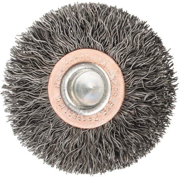 Weiler - 2" OD, 1/4" Shank Diam, Crimped Steel Wheel Brush - 3/8" Face Width, 1/2" Trim Length, 0.0118" Filament Diam, 20,000 RPM - Exact Industrial Supply