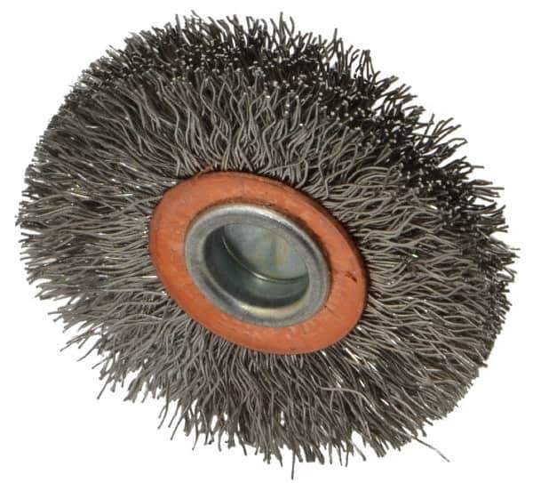 Weiler - 2" OD, 1/4" Shank Diam, Crimped Stainless Steel Wheel Brush - 3/8" Face Width, 1/2" Trim Length, 0.0118" Filament Diam, 20,000 RPM - Exact Industrial Supply