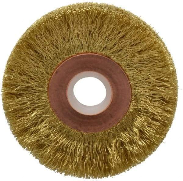Anderson - 2" OD, 1/2" Arbor Hole, Crimped Brass Wheel Brush - 1/4" Face Width, 1/2" Trim Length, 0.005" Filament Diam, 20,000 RPM - Exact Industrial Supply