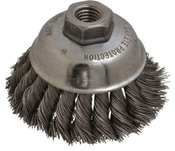 Anderson - 3-1/2" Diam, 5/8-11 Threaded Arbor, Steel Fill Cup Brush - 0.02 Wire Diam, 1-1/4" Trim Length, 9,000 Max RPM - Exact Industrial Supply