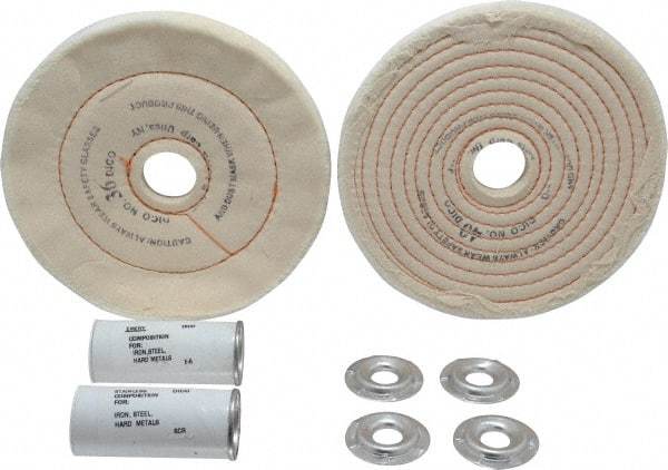 Dico - 6" Diam Cushion Sewn, Spiral Sewn Buffing Wheel Set - 1/2 - 1" Arbor Hole, Emery - Exact Industrial Supply