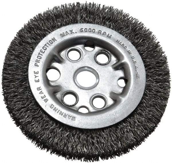 Anderson - 4-1/4" OD, 5/8" Arbor Hole, Crimped Steel Wheel Brush - 3/4" Face Width, 5/8" Trim Length, 0.014" Filament Diam, 6,000 RPM - Exact Industrial Supply