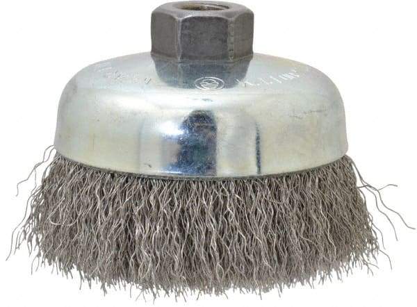 Anderson - 4" Diam, 5/8-11 Threaded Arbor, Stainless Steel Fill Cup Brush - 0.014 Wire Diam, 1-1/4" Trim Length, 9,000 Max RPM - Exact Industrial Supply