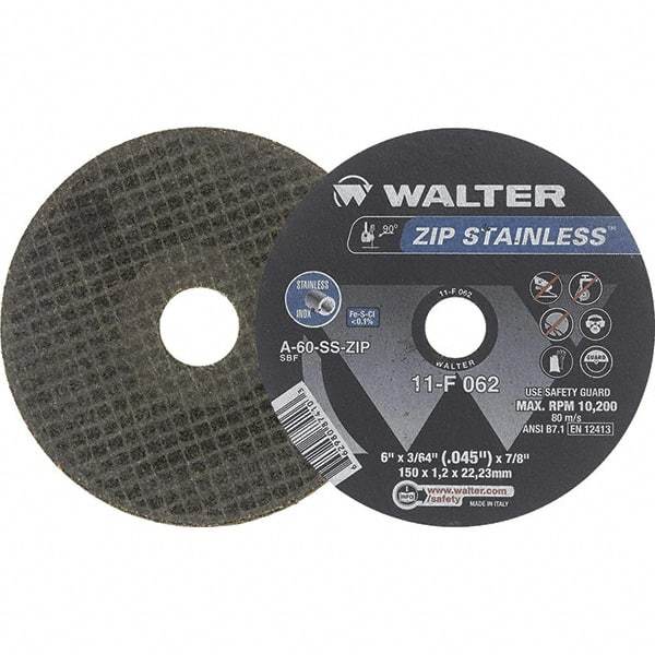 WALTER Surface Technologies - 6" Aluminum Oxide Cutoff Wheel - 3/64" Thick, 7/8" Arbor, 10,200 Max RPM, Use with Die Grinders - Exact Industrial Supply
