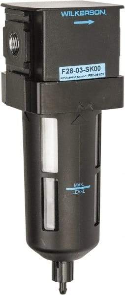 Wilkerson - 3/8" Port, 8.4" High x 2.9" Wide, Standard FRL Filter with Polycarbonate Bowl & Manual Drain - 144 SCFM, 150 Max psi, 125°F Max, Sight Glass Included, 1.72 oz Bowl Capacity - Exact Industrial Supply