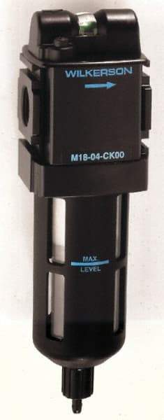 Wilkerson - 1/2" Port Coalescing Filter - Polycarbonate Bowl, Manual Drain, 150 Max psi, 0.01 Micron Rating, 9-1/4" Long x 2.9" Wide x 9-1/4" High - Exact Industrial Supply