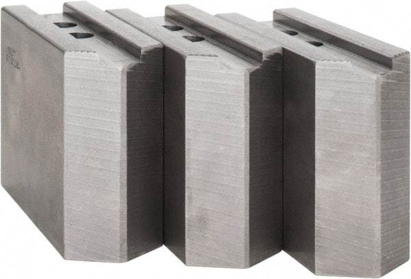 Abbott Workholding Products - 12" & Up Chuck Capacity, 1.5mm x 60° Serrated Attachment, Square Soft Lathe Chuck Jaw - 3 Jaws, Steel, 1.1811" Btw Mount Hole Ctrs, 5-1/2" Long x 2" Wide x 4" High, 0.8268" Groove, 0.6299" & 16mm Fastener - Exact Industrial Supply