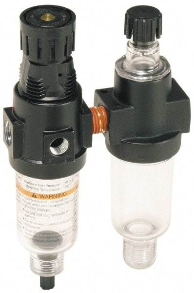 Wilkerson - 1/4" NPT Port Miniature 2 Piece Filter/Regulator-Lubricator FRL Unit - Polycarbonate Bowl, 20 SCFM, 150 Max psi, 6.21" High, Manual Drain - Exact Industrial Supply