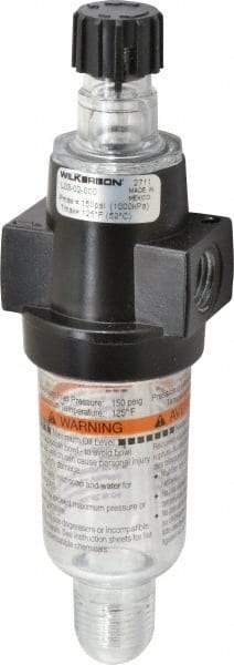 Wilkerson - 1/4 NPT Port, 150 Max psi, Miniature Lubricator - Polycarbonate Bowl, Zinc Body, 20 CFM, 125°F Max, 1.73" Wide x 5.8" High - Exact Industrial Supply
