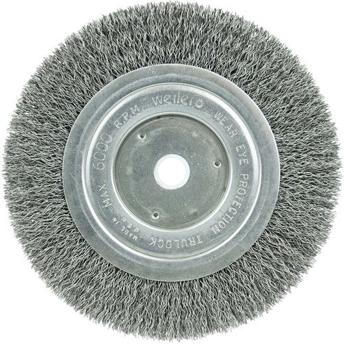 6″ Narrow Face Crimped Wire Wheel, Short Trim, .014″ Steel Fill, 5/8″-1/2″ Arbor Hole - Exact Industrial Supply