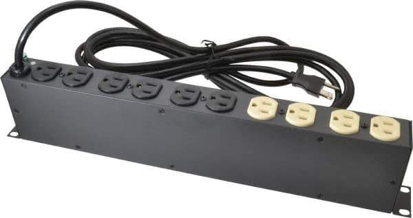 Tripp-Lite - 12 Outlets, 120 Volts, 15 Amps, 15' Cord, Power Outlet Strip - Rack Mount, 5-15P NEMA Configuration, 17-1/2" Strip, ANSI C62.41, IEEE 587, IEEE 587 Category A Specifications, IEEE 587 Category B Specifications, UL1449 3rd Edition - Exact Industrial Supply