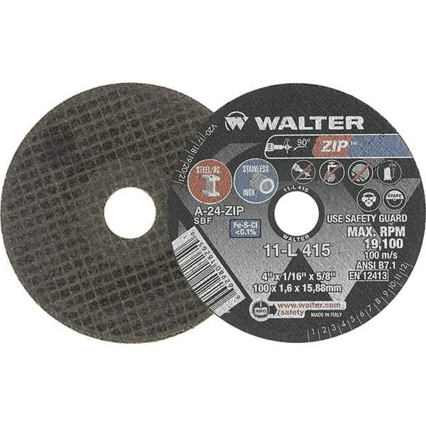 WALTER Surface Technologies - 4" 24 Grit Aluminum Oxide Cutoff Wheel - 1/16" Thick, 5/8" Arbor, 19,100 Max RPM, Use with Die Grinders - Exact Industrial Supply