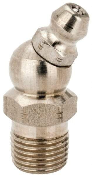 Alemite - 30° Head Angle, 1/8 PTF Stainless Steel Standard Grease Fitting - 7/16" Hex, 1-1/4" Overall Height, 11/32" Shank Length - Exact Industrial Supply