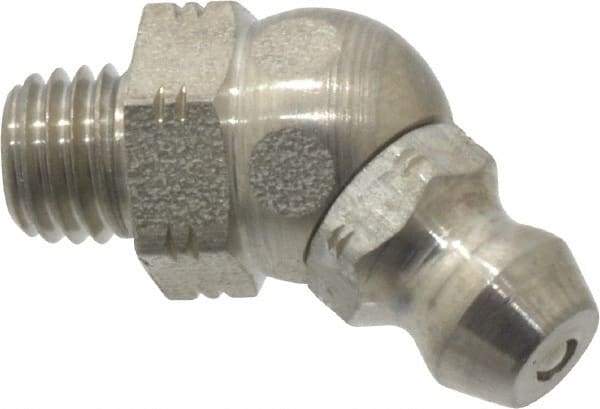 Alemite - 45° Head Angle, 1/4-28 Taper Stainless Steel Standard Grease Fitting - 3/8" Hex, 13/16" Overall Height, 13/64" Shank Length - Exact Industrial Supply