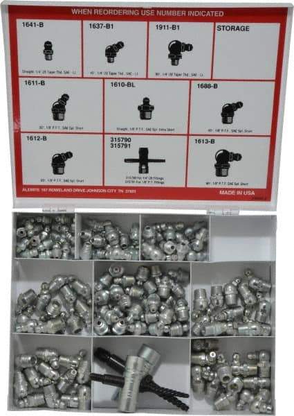 Alemite - 134 Piece, Inch, Box Nickel/Copper Grease Fitting Set - Includes PTF, Taper Thread Types, Includes 1/4-28 NPT: (24) Straight, (12) 45°, (12) 90°, 1/8 PTF: (36) Straight, (12) 30°, (12) 45°, (12) 90° - Exact Industrial Supply