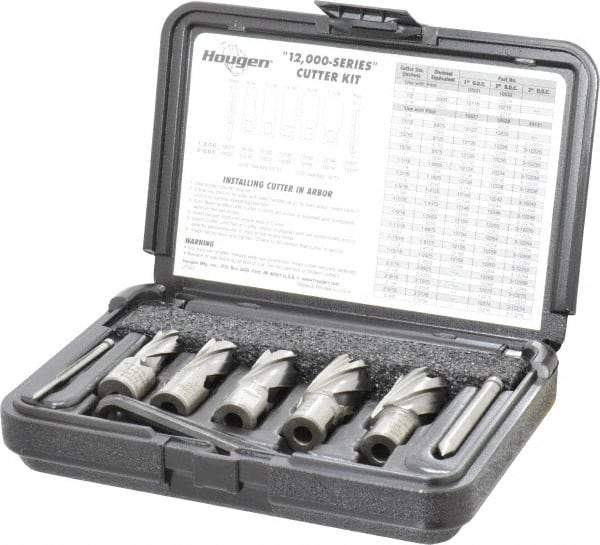 Hougen - 8 Piece, 9/16 to 1-1/16" Cutter Diam, 1" Cutting Depth, High Speed Steel Annular Cutter Set - Bright Finish, 3/4" Shank Diam, 9/16, 11/16, 13/16, 15/16, 1-1/16" Cutter Diams, 2 Flats on Shank - Exact Industrial Supply