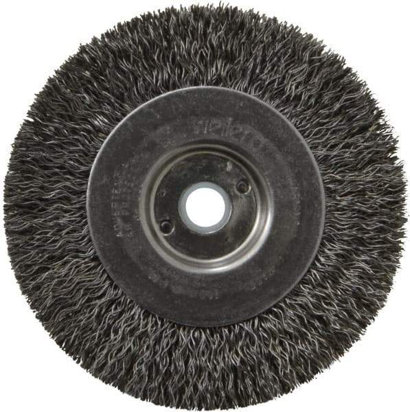 Weiler - 4" OD, 1/2" Arbor Hole, Crimped Steel Wheel Brush - 1/2" Face Width, 7/8" Trim Length, 0.014" Filament Diam, 12,500 RPM - Exact Industrial Supply