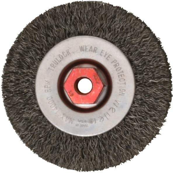 Weiler - 4" OD, M10x1.50 Arbor Hole, Crimped Steel Wheel Brush - 1/2" Face Width, 7/8" Trim Length, 0.014" Filament Diam, 14,000 RPM - Exact Industrial Supply