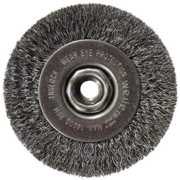 Weiler - 4" OD, 1/2-13 Arbor Hole, Crimped Steel Wheel Brush - 1/2" Face Width, 7/8" Trim Length, 0.014" Filament Diam, 14,000 RPM - Exact Industrial Supply