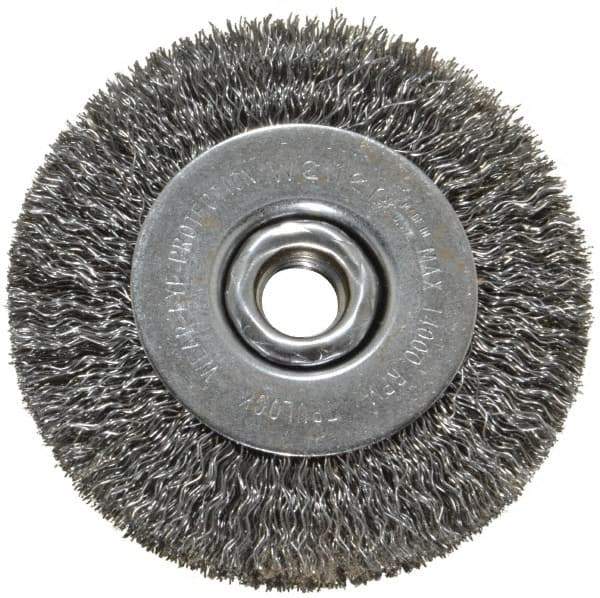 Weiler - 4" OD, 5/8-11 Arbor Hole, Crimped Steel Wheel Brush - 1/2" Face Width, 7/8" Trim Length, 0.014" Filament Diam, 14,000 RPM - Exact Industrial Supply
