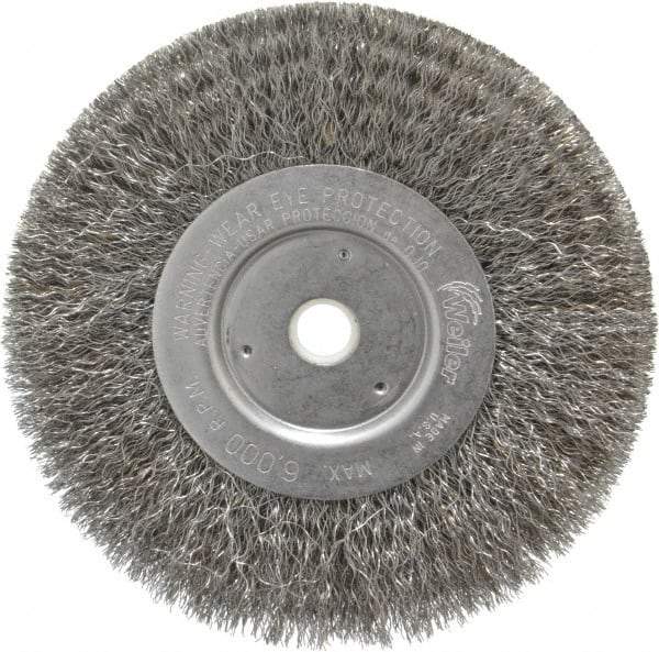 Weiler - 6" OD, 5/8" Arbor Hole, Crimped Steel Wheel Brush - 3/4" Face Width, 1-7/16" Trim Length, 0.0104" Filament Diam, 6,000 RPM - Exact Industrial Supply