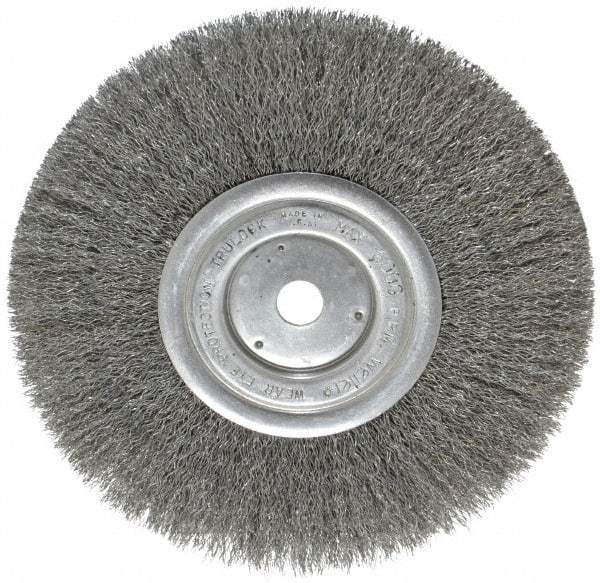 Weiler - 8" OD, 5/8" Arbor Hole, Crimped Steel Wheel Brush - 3/4" Face Width, 2-1/16" Trim Length, 0.0104" Filament Diam, 6,000 RPM - Exact Industrial Supply