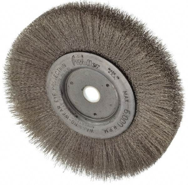Weiler - 6" OD, 5/8" Arbor Hole, Crimped Stainless Steel Wheel Brush - 3/4" Face Width, 1-7/16" Trim Length, 0.006" Filament Diam, 6,000 RPM - Exact Industrial Supply
