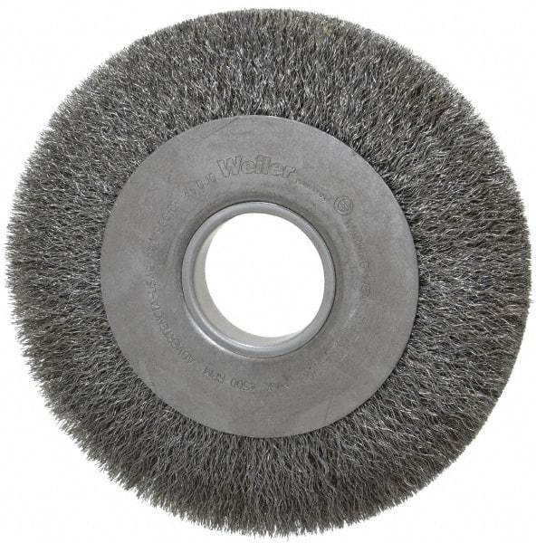 Weiler - 8" OD, 2" Arbor Hole, Crimped Steel Wheel Brush - 1" Face Width, 1-3/8" Trim Length, 0.0104" Filament Diam, 4,500 RPM - Exact Industrial Supply