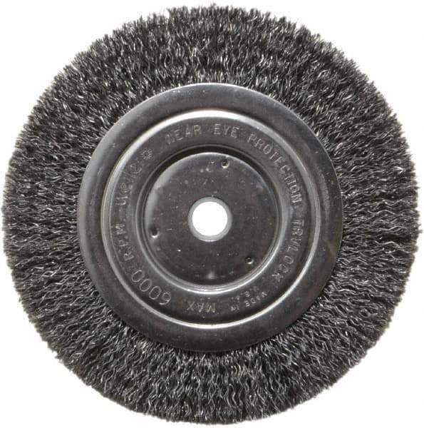 Weiler - 6" OD, 5/8" Arbor Hole, Crimped Steel Wheel Brush - 5/8" Face Width, 1-1/16" Trim Length, 0.014" Filament Diam, 6,000 RPM - Exact Industrial Supply