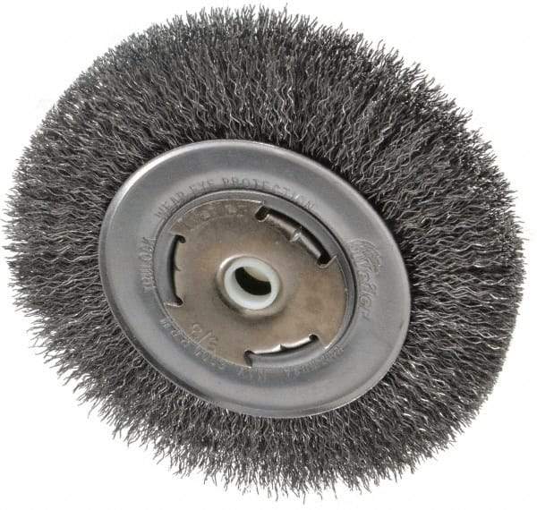 Weiler - 6" OD, 5/8" Arbor Hole, Crimped Steel Wheel Brush - 7/8" Face Width, 1-1/8" Trim Length, 0.014" Filament Diam, 6,000 RPM - Exact Industrial Supply