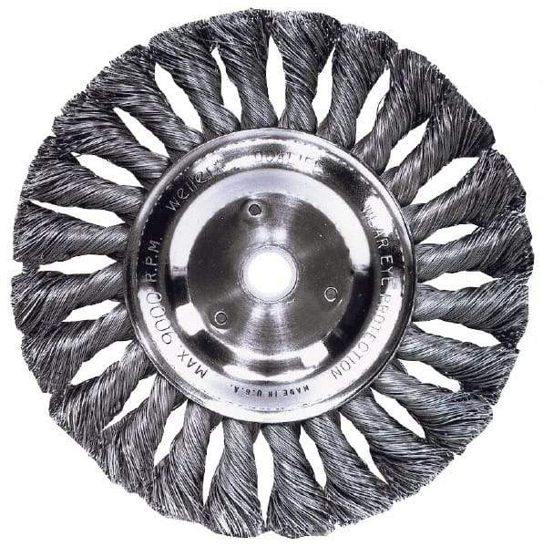 Weiler - 4" OD, M14x2.00 Arbor Hole, Knotted Steel Wheel Brush - 1/2" Face Width, 7/8" Trim Length, 0.014" Filament Diam, 20,000 RPM - Exact Industrial Supply