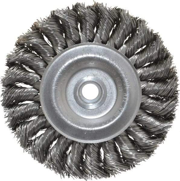 Weiler - 4" OD, 1/2" Arbor Hole, Knotted Steel Wheel Brush - 1/2" Face Width, 7/8" Trim Length, 0.014" Filament Diam, 20,000 RPM - Exact Industrial Supply