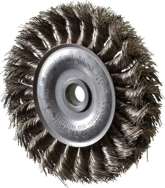 Weiler - 4" OD, 1/2" Arbor Hole, Knotted Stainless Steel Wheel Brush - 1/2" Face Width, 7/8" Trim Length, 0.014" Filament Diam, 20,000 RPM - Exact Industrial Supply