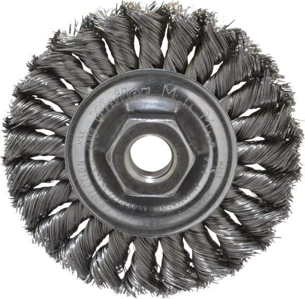 Weiler - 4" OD, 5/8-11 Arbor Hole, Knotted Steel Wheel Brush - 1/2" Face Width, 7/8" Trim Length, 0.014" Filament Diam, 20,000 RPM - Exact Industrial Supply