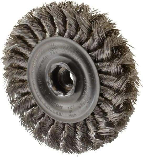 Weiler - 4" OD, 1/2-13 Arbor Hole, Knotted Stainless Steel Wheel Brush - 1/2" Face Width, 7/8" Trim Length, 0.014" Filament Diam, 20,000 RPM - Exact Industrial Supply