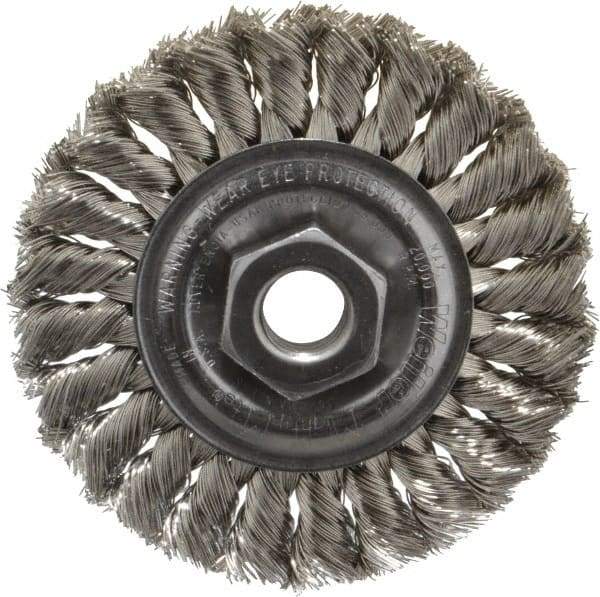 Weiler - 4" OD, 5/8-11 Arbor Hole, Knotted Stainless Steel Wheel Brush - 1/2" Face Width, 7/8" Trim Length, 0.014" Filament Diam, 20,000 RPM - Exact Industrial Supply