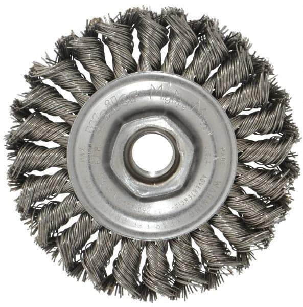 Weiler - 4" OD, 5/8-11 Arbor Hole, Knotted Steel Wheel Brush - 1/2" Face Width, 7/8" Trim Length, 0.02" Filament Diam, 20,000 RPM - Exact Industrial Supply