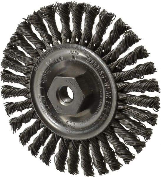 Weiler - 4" OD, 3/8-24 Arbor Hole, Knotted Steel Wheel Brush - 3/16" Face Width, 7/8" Trim Length, 0.02" Filament Diam, 20,000 RPM - Exact Industrial Supply