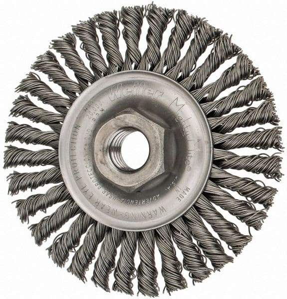 Weiler - 4" OD, 5/8-11 Arbor Hole, Knotted Steel Wheel Brush - 3/16" Face Width, 7/8" Trim Length, 0.02" Filament Diam, 20,000 RPM - Exact Industrial Supply