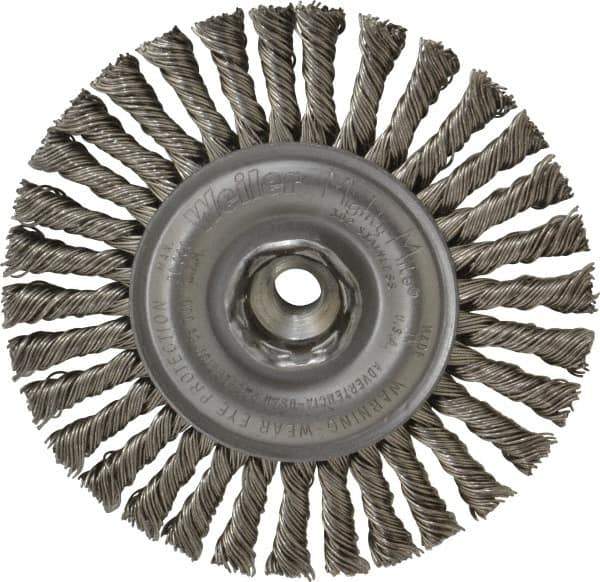 Weiler - 4" OD, 3/8-24 Arbor Hole, Knotted Stainless Steel Wheel Brush - 3/16" Face Width, 7/8" Trim Length, 0.02" Filament Diam, 20,000 RPM - Exact Industrial Supply