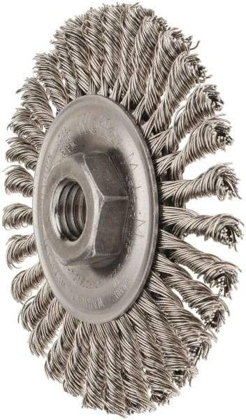 Weiler - 4" OD, 5/8-11 Arbor Hole, Knotted Stainless Steel Wheel Brush - 3/16" Face Width, 7/8" Trim Length, 0.02" Filament Diam, 20,000 RPM - Exact Industrial Supply