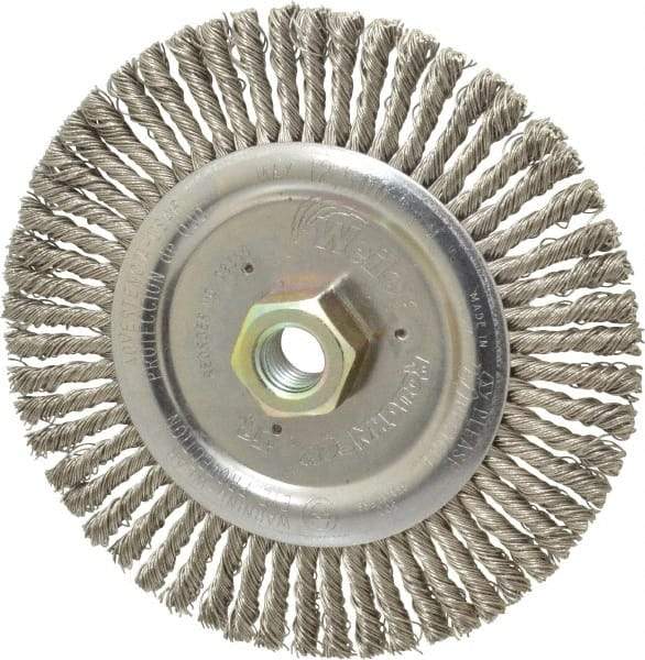 Weiler - 6" OD, 5/8-11 Arbor Hole, Knotted Stainless Steel Wheel Brush - 3/16" Face Width, 1-1/8" Trim Length, 0.02" Filament Diam, 12,500 RPM - Exact Industrial Supply